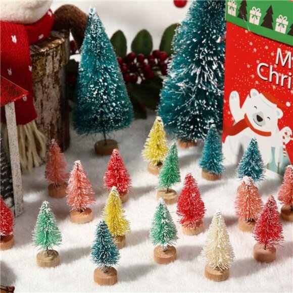 Artificial Mini Christmas Trees Bottle Brush Trees Snow Frosted Trees with Wood - Picture 7 of 8